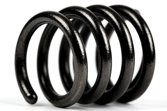 Dark metal spring isolated on white background. Steel coil part for car suspension industrial machine. Shiny black spiral object shows metallic texture, heavy duty design. Macro shot of iron wire