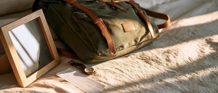 Editorial Lifestyle Photo of Leather Backpack and Wooden Photo Frame on Linen Bed in Morning Sun for Graduation Departure and New Beginnings Concept
