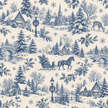Christmas Winter Toile Pattern with Horse Sleigh, Snowy Village and Church