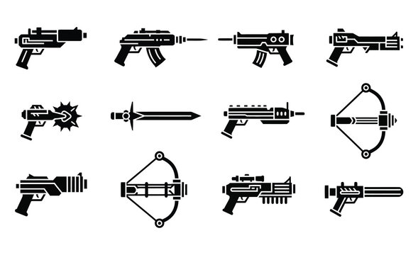 Collection of stylized futuristic science fiction weapon icons and drawings