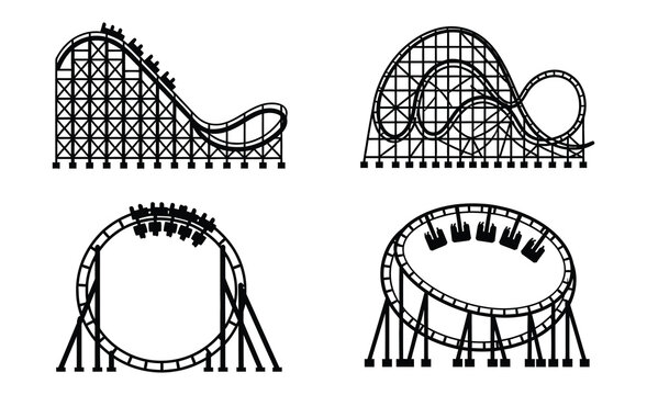 Set of four black and white illustrations of thrilling roller coaster rides with trains and tracks