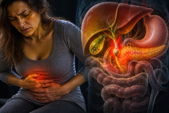 Gallstones and Bile Duct Obstruction Causing Severe Abdominal Pain in Woman