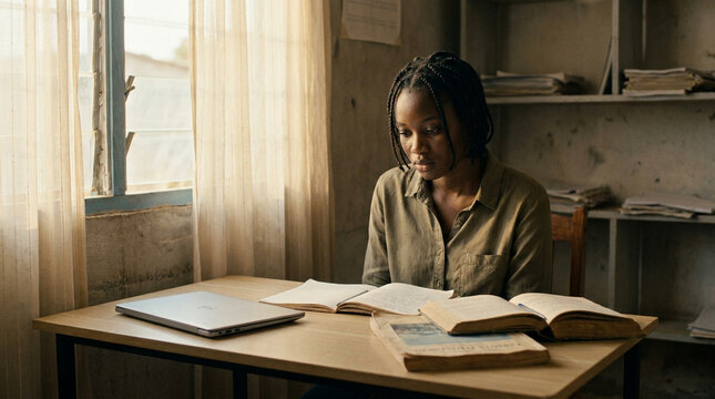 Student studying at a desk with books and a laptop in a quiet room