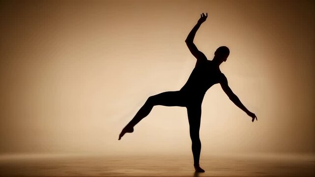 Expressive silhouette of dancer in graceful motion in dark atmospheric studio