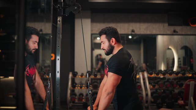 Wide side view video shot of a muscular bearded man performing triceps rope pushdowns on a cable machine with dumbbell racks visible in a gym setting.