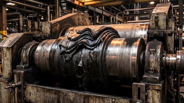 Heavy industrial machinery processing raw rubber material
