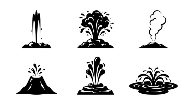Collection of six stylized geyser and eruption icons representing natural phenomena on a white background.