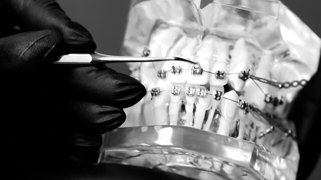 Gloved hand points at metal braces on orthodontic teaching model