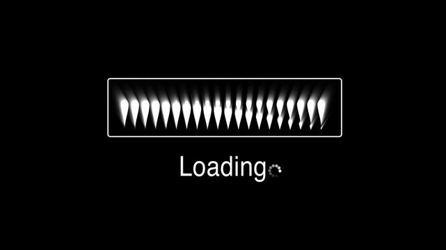 Loading bar animation displays horizontal spokes with status text. Digital software buffering telemetry updates on loading bar. User interface waiting runs on bar.