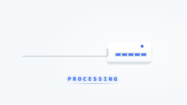 Minimal technology loading animation featuring processing tiles moving along a conveyor and entering a progress module one by one. Features a larger, techy monospace PROCESSING display in vibrant acce