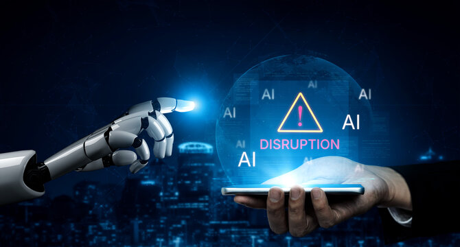 Disruption warning future of work, featuring AI agents replacing human jobs. Represents labor unemployment, corporate automation cost shift, and need for new career reskilling and upskilling. Corpus
