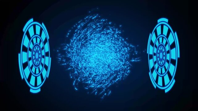 HUD elements animation displays dual rotating particle vortex rings. Sonar detection tracking telemetry guides HUD elements. Surveillance consoles use elements.