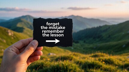 Obraz premium Hand holds black slate sign with white text in mountain landscape. Quote says forget mistake remember lesson with arrow. Person shows motivational message during sunset in nature. Inspiring concept