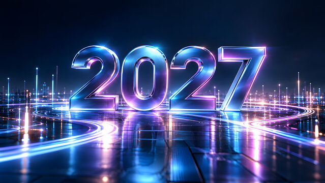 Futuristic 2027 New Year concept with luminous metallic numbers, neon blue and violet lighting, digital light trails and reflections for premium technology advertising.