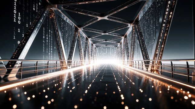 Digital bridge made of glowing binary code data streams. Abstract tech structure connects two points via cyber network. Futuristic concept of information highway, connectivity in cyberspace. Modern