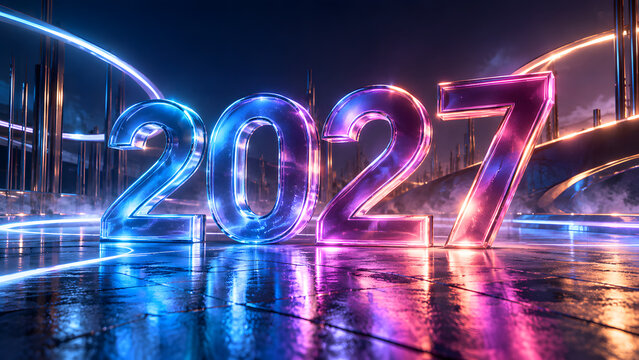 Futuristic 2027 New Year celebration with glowing 3D numbers, neon blue and magenta lighting, wet reflective floor and cyberpunk cityscape, premium advertising concept.