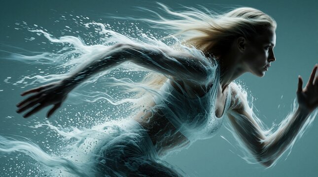Blonde female athlete runs with high speed through water splashes. Dynamic motion blur shows woman sprinting in liquid form. Concept of energy, power, fluid movement in sport. Active lifestyle runner