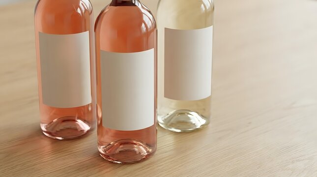 Bottles of ros&eacute; and white wine with blank labels on wooden surface