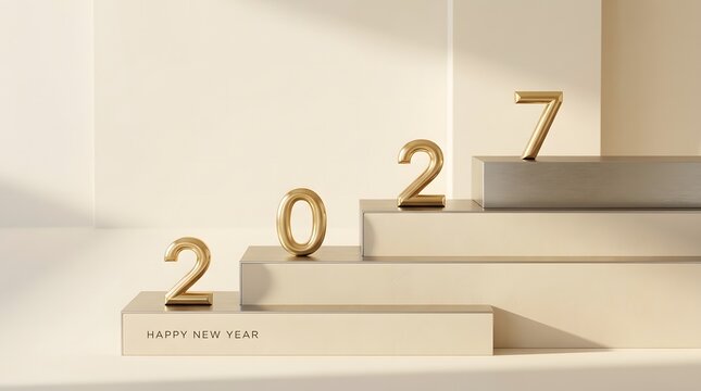 Golden numbers 2027 on stepped platforms new year celebration minimalist 3D render