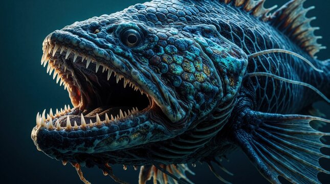 Scary monster fish with blue scales, sharp teeth swims in deep ocean. Predator creature shows large open jaw in dark underwater environment. Fantasy sea animal glowing eyes, detailed texture for