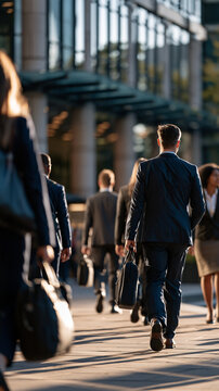 Wide rear view of businesspeople walking past a modern corporate building dark work bags and tailored clothing framed against repeating glass panels and stone columns soft daylight