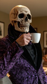 Stylish skeleton gentleman in a luxurious purple suit holding a white coffee cup, creating a surreal gothic portrait blending elegance, dark humor and sophisticated spooky fashion.