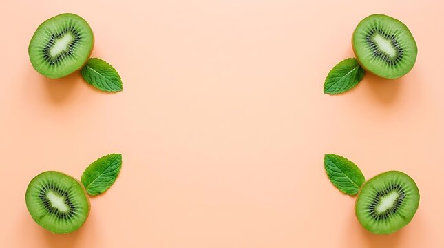 Four kiwi fruit halves with mint leaves arranged in a frame on a peach healthy food