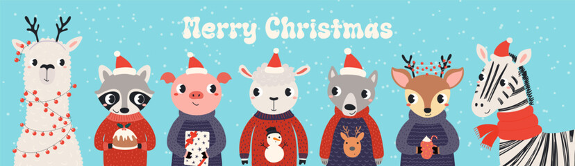 Fototapeta premium Cute animals in Santa Claus hats celebrating Christmas, with pudding, gifts, mug of cocoa illustration. Cartoon characters. Holiday kids print, design elements for card, banner. Hand drawn vector