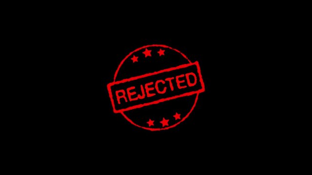 Rejected stamp animation displays circular refusal marks on dark. Official compliance rejection notices trigger on rejected stamp. Quality review uses the stamp.