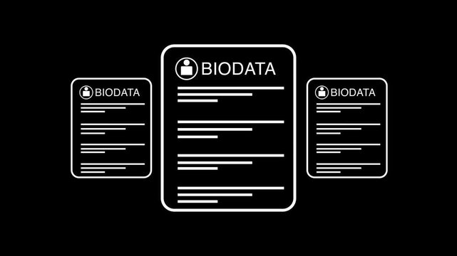 Bio data forms animation displays personal user document layouts. Human resources employment recruitment routes on biodata forms. Profile screening uses the forms.