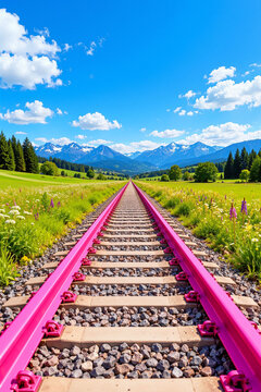 Pink Railroad Tracks Through Blooming Mountain Meadows Symbolizing Wanderlust and the Joy of Train Travel