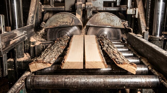 Industrial circular saws cutting wood planks in sawmill