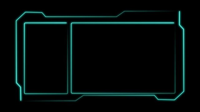 Interface frame animation displays a split screen layout on dark. Sci-fi user dashboard panels outline interface frame animation. Cyber surveillance uses the frame.