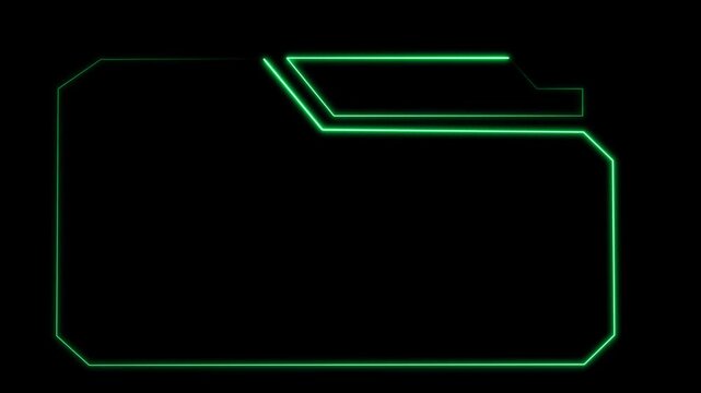 Folder icon animation displays digital interface elements on dark. Structured computer directory file archiving routes on folder icon. Database storage uses icon.