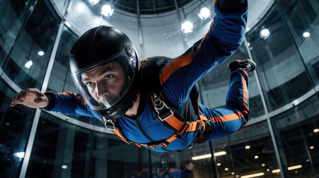 Man flies inside indoor wind tunnel simulator. Skydiver in blue jumpsuit, black helmet experiences weightlessness. Extreme sport training with aerodynamic airflow. Person performs skydiving maneuvers