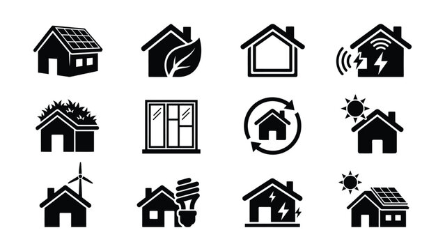 Collection of ecofriendly house icons representing sustainable living concepts