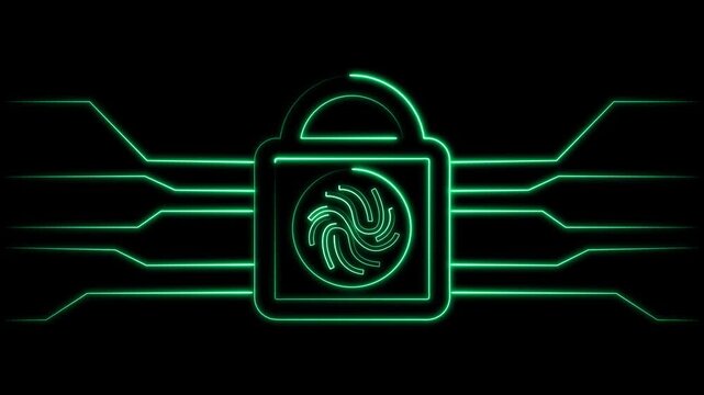 Lock icon animation displays an electronic circuit board pattern. Encrypted computer privacy protection clears on active lock icon. Digital security relies on icon.