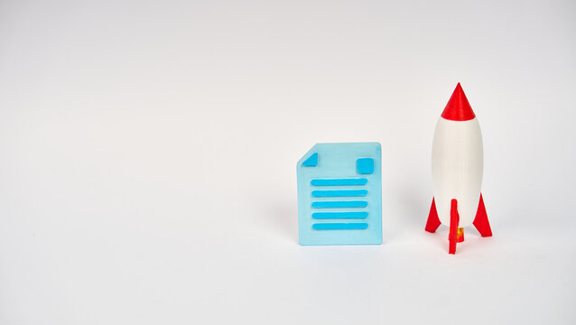 Document icon beside a rocket representing startup planning and business launch isolated on white background.
