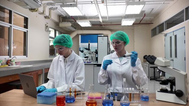 Laboratory room. Female scientists conducting laboratory research with colorful chemical samples. Using test tubes flasks and microscopes for scientific analysis and experimentation. Bio or chemical