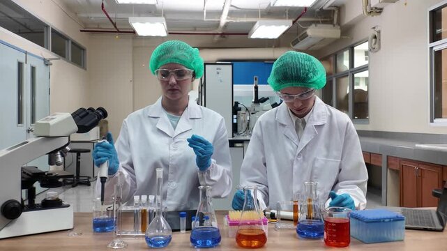 Laboratory room. Female scientists conducting laboratory research with colorful chemical samples. Using test tubes flasks and microscopes for scientific analysis and experimentation. Bio or chemical