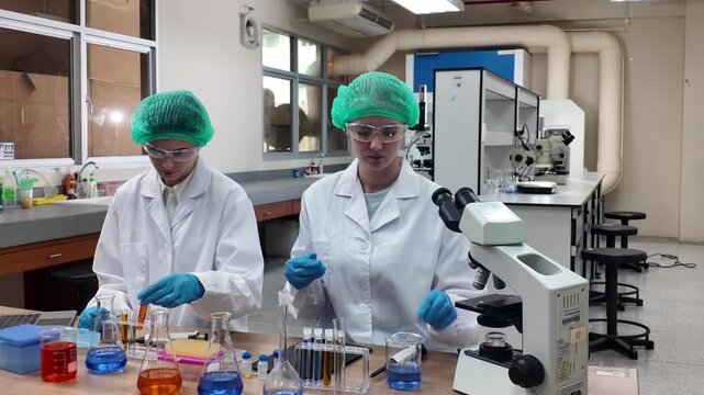 Laboratory room. Female scientists conducting laboratory research with colorful chemical samples. Using test tubes flasks and microscopes for scientific analysis and experimentation. Bio or chemical