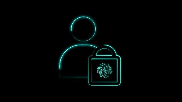 Person icon animation connects a fingerprint security padlock. Biometric identity authentication clearance validates on person icon. Safe user access uses the icon.