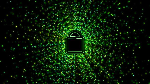 Lock icon animation glows amidst a swirling cloud of particles. Encrypted data privacy defense confirms through this lock icon. System insecurity uses the icon.