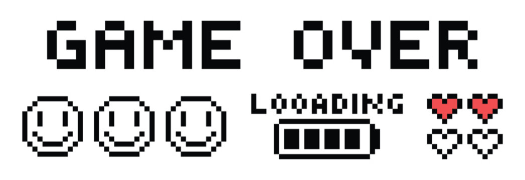 Pixelated Retro Game Over Screen: A vintage video game screen displays GAME OVER in pixelated text, accompanied by classic arcade graphics like smiley faces, a loading bar.