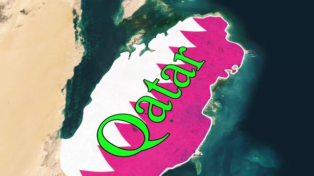 Qatar Map Animation Zooming from Satellite View to Detailed Qatar Outline with National Flag Overlay