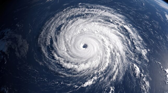 Satellite top view of a tropical cyclone over the ocean with a clear eye. News, hurricane tracking, extreme weather alert, and climate reporting use.  