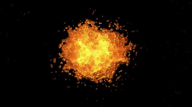 Fiery orange liquid explosion radiates from a bright center, scattering glowing droplets and particles across a dark background with dramatic energy.