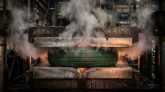 Industrial tire mold closing on rubber tire
