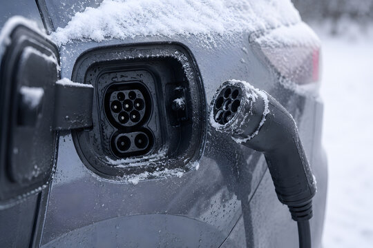 Electric car charging port and connector are covered with snow during winter, highlighting cold-weather EV charging, frozen vehicle equipment, electric mobility, maintenance, and seasonal travel.