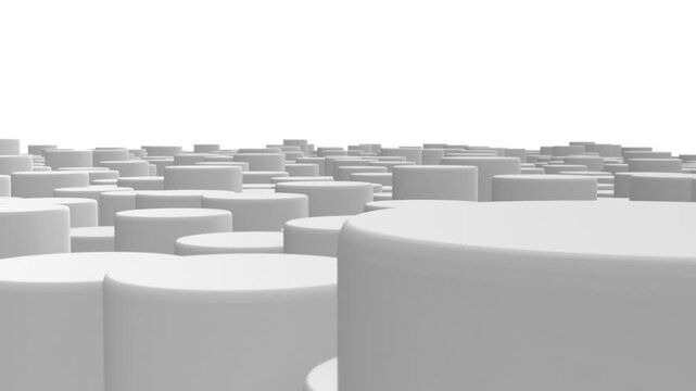 White cylinder shapes. Computer generated abstract motion background. Seamless loop 3D render animation with shallow depth of field